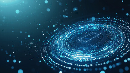 An artistic rendering of a blue digital money logo integrated with an AI technology icon, encircled by a luminous particle ring that rotates in a futuristic abstract environment, e