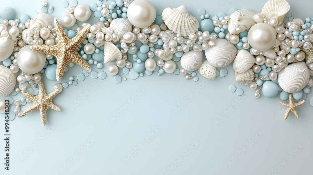 Fototapete A blue and white background with a row of shells and a star. The star is on the left side of the image and the shells are on the right. The image has a beachy and calming vibe