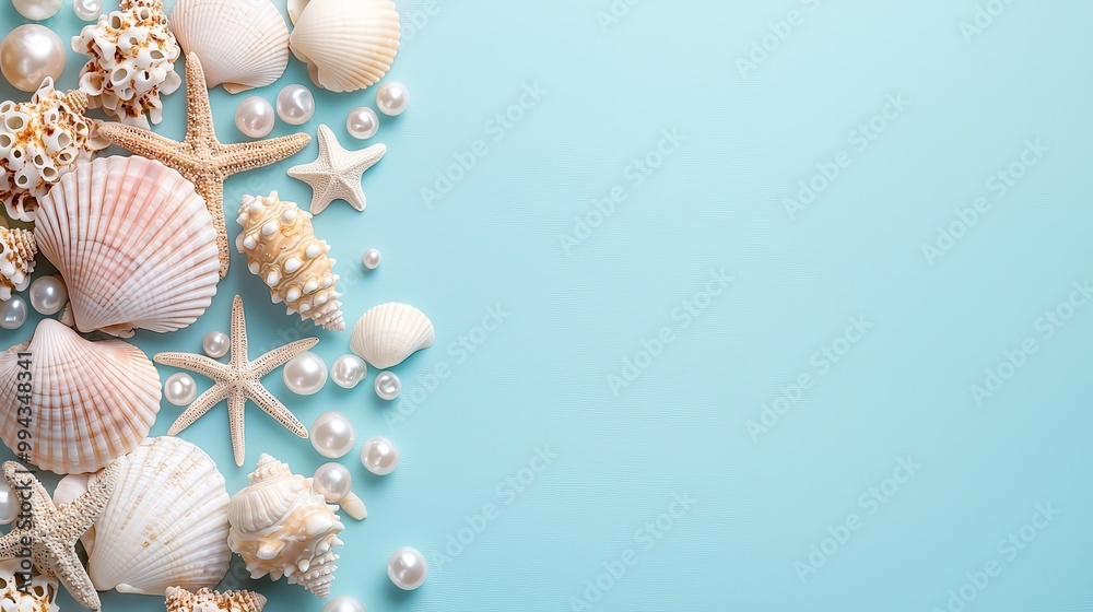 Fototapete A blue background with a variety of shells and pearls. The shells are arranged in a way that creates a sense of movement and depth. The pearls add a touch of elegance and luxury to the scene