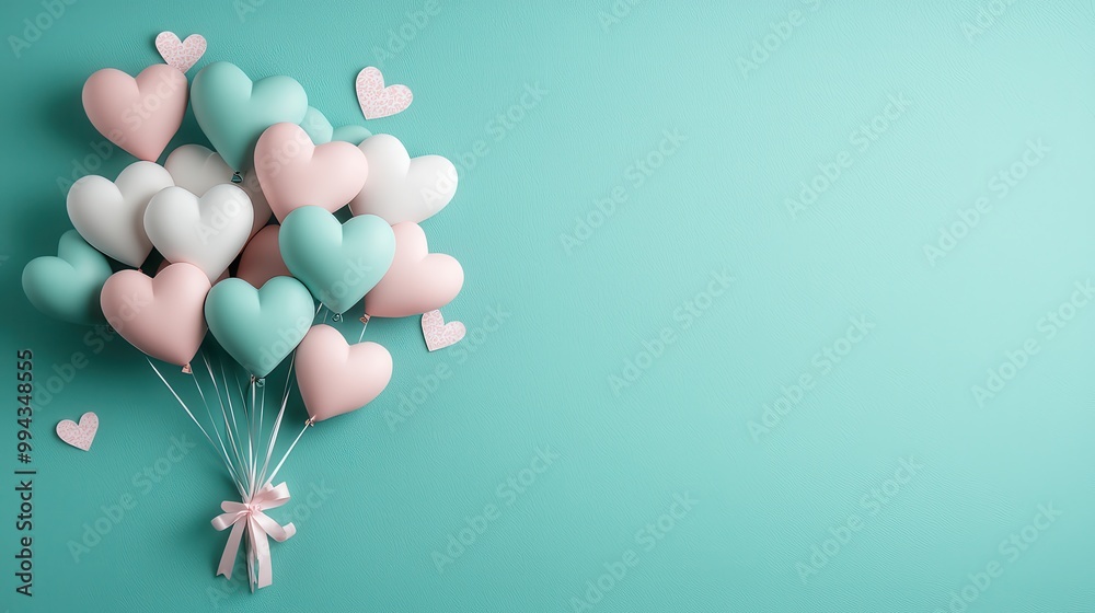 Poster a bunch of balloons with hearts on them are floating on a blue background. the balloons are of diffe