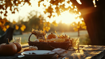 A rustic table set with fall harvest items like corn and pumpkins, with a blurred golden sunset and trees in the distance, Background, Autumn mood