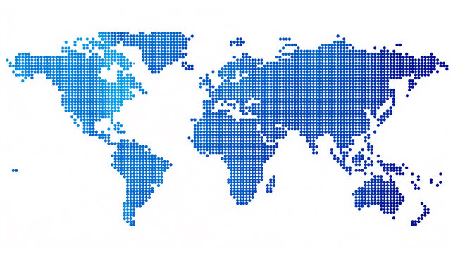 Abstract wold map made of small blue circles on a white background
