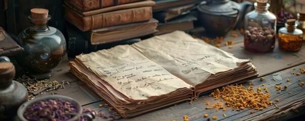 Ancient alchemy recipe book surrounded by herbs, spices, and mystical ingredients. Free copy space for text.