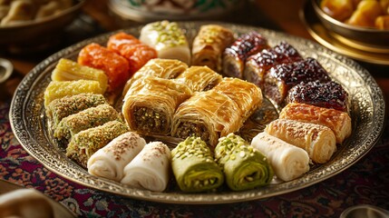 A plate of assorted Turkish sweets including baklava, lokum, and pistachio rolls, placed on a richly patterned Ottoman-style tablecloth