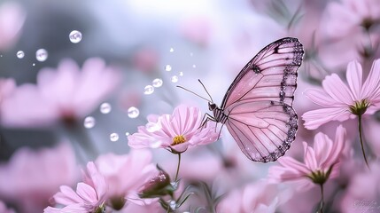 A butterfly is sitting on a pink flower. The flower is surrounded by other pink flowers. The butterfly is the main focus of the image