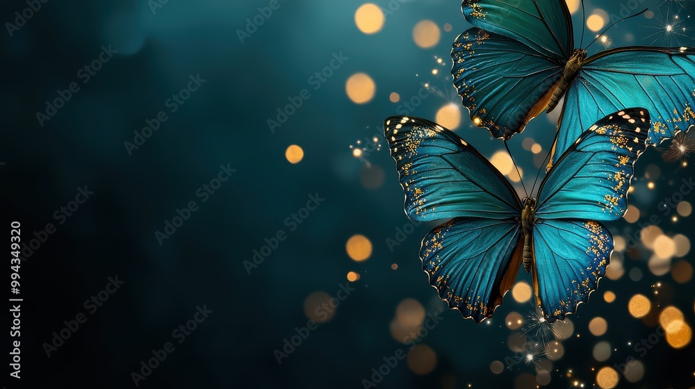 Poster two butterflies are flying in the sky. the background is a dark blue color. the butterflies are surr