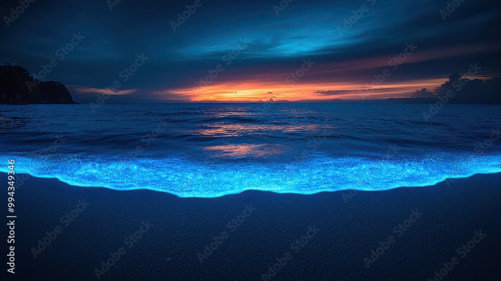 Poster the ocean is calm and the sky is a beautiful shade of blue. the water is glowing with a blue light, 