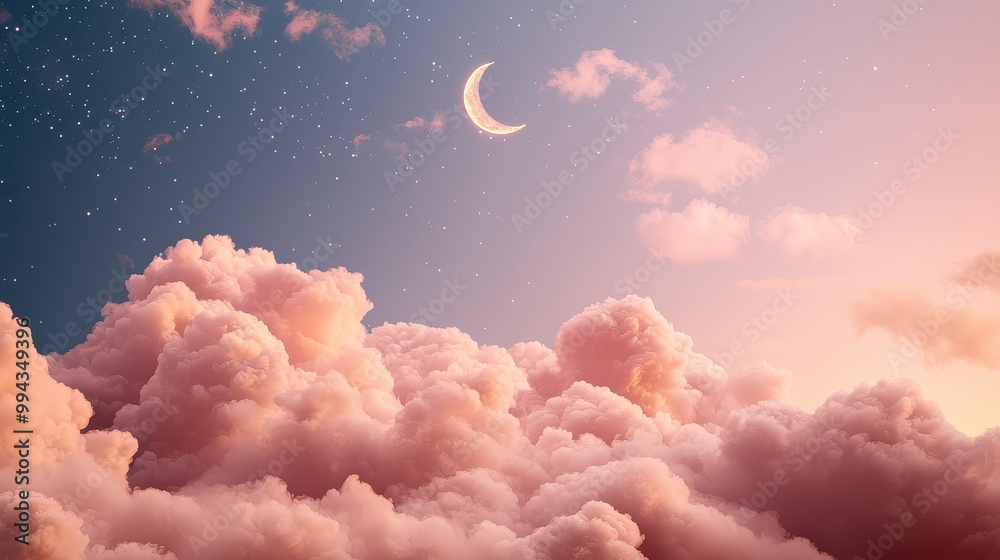 Poster A pink sky with a crescent moon and clouds. The sky is filled with fluffy clouds and the moon is shining brightly. Concept of calm and serenity