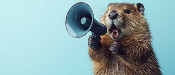A cheerful beaver holding a megaphone against a pastel background, symbolizing communication and wildlife awareness, background with copy space