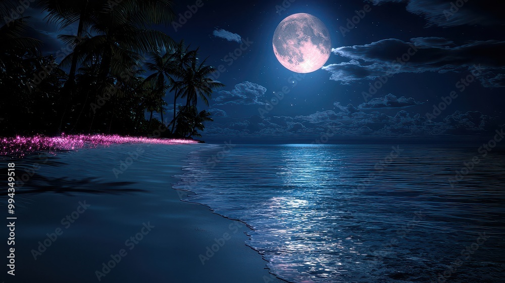 Fototapete a beautiful beach with a large moon in the sky. the moon is reflecting on the water, creating a sere