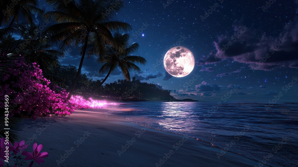 Poster A beautiful beach with a large pink moon in the sky. The moon is reflecting on the water, creating a serene and peaceful atmosphere. The beach is surrounded by palm trees