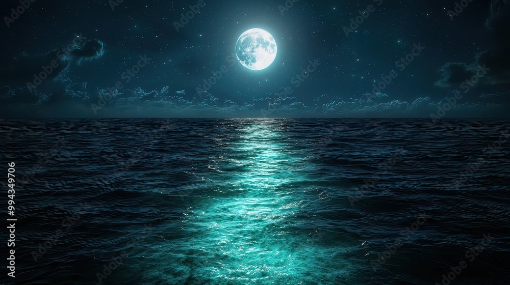 Poster a large moon is reflected in the water of the ocean. the scene is calm and peaceful, with the moonli