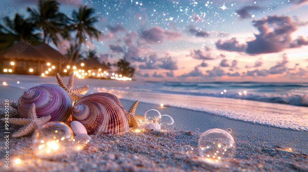 Fototapete A beach scene with two shells and a few bubbles. The shells are pink and the bubbles are clear. The scene is lit up with lights, creating a warm and inviting atmosphere