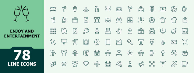 Entertainment icon set editable stroke. Enjoy and Entertainment thin line icon collection. Party icon pack. Happy New Year icon. Vector illustration.