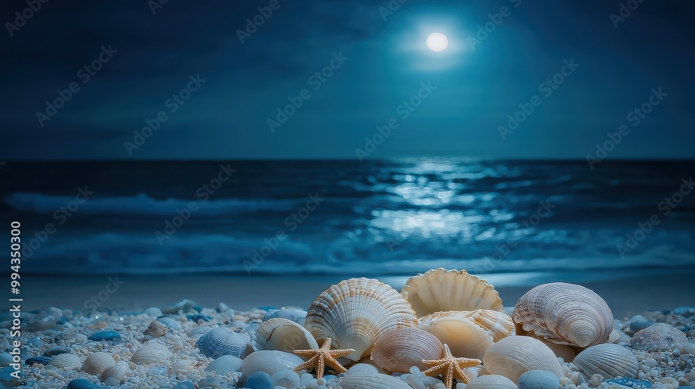 Aufkleber a beach scene with a moon reflecting on the water. the beach is covered with shells and starfish
