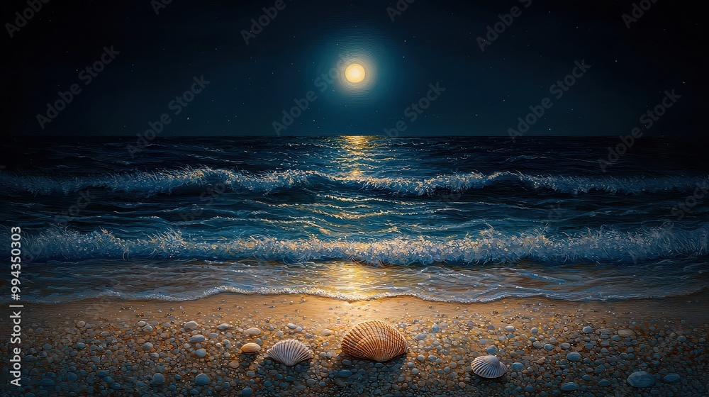Aufkleber a painting of a beach at night with a full moon in the sky. the water is calm and the moon is shinin