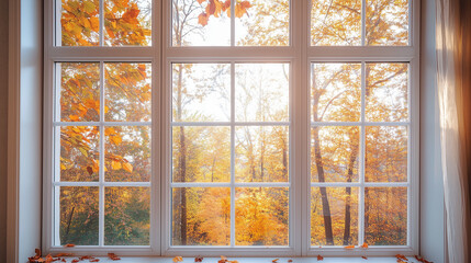 Fototapeta premium Living room with autumn leaves blowing outside large windows
