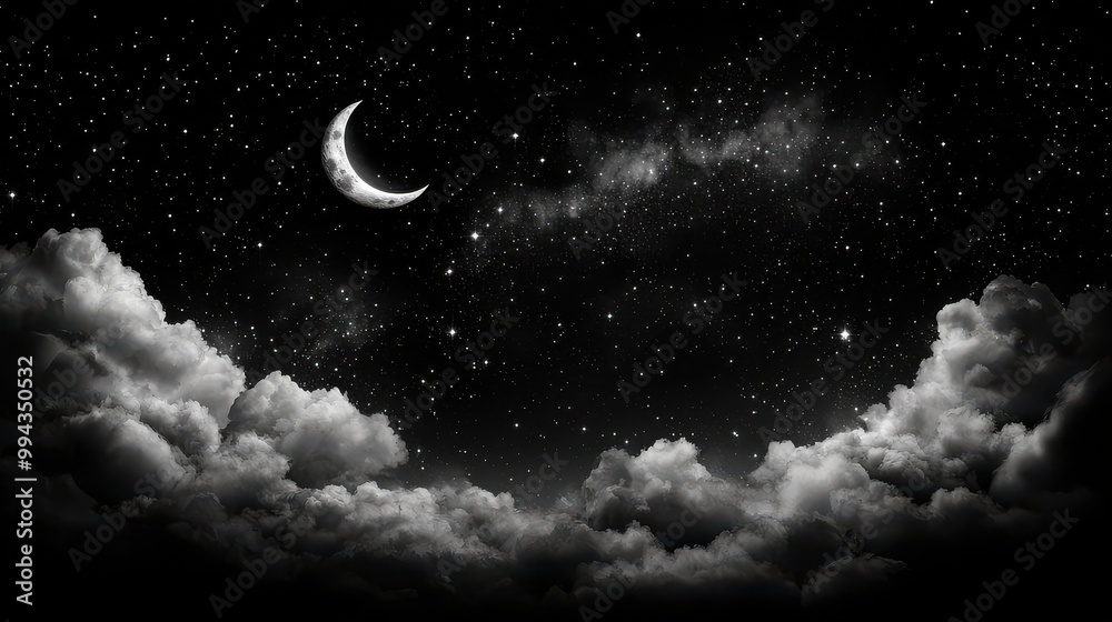Aufkleber a dark sky with a crescent moon and clouds. the sky is filled with stars and the moon is shining bri
