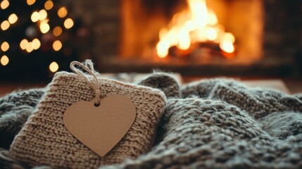 Gift tag on a Christmas present near cosy heart and sweater against Christmas tree lights and burning fireplace, close up, copy space. Warm winter family atmospheric mock up, magical Holiday time