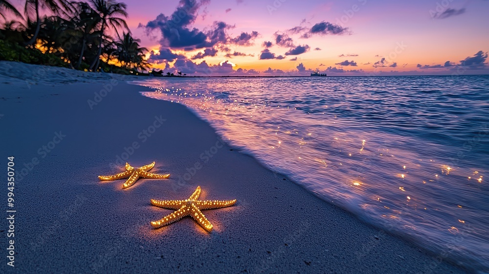 Wall mural Two glowing stars are placed on the beach, creating a beautiful and serene atmosphere. The beach is located near the ocean, and the stars are lit up, adding a magical touch to the scene