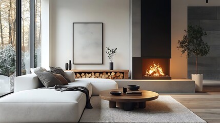  White corner sofa near fireplace. Scandinavian home interior design of modern living room. 
