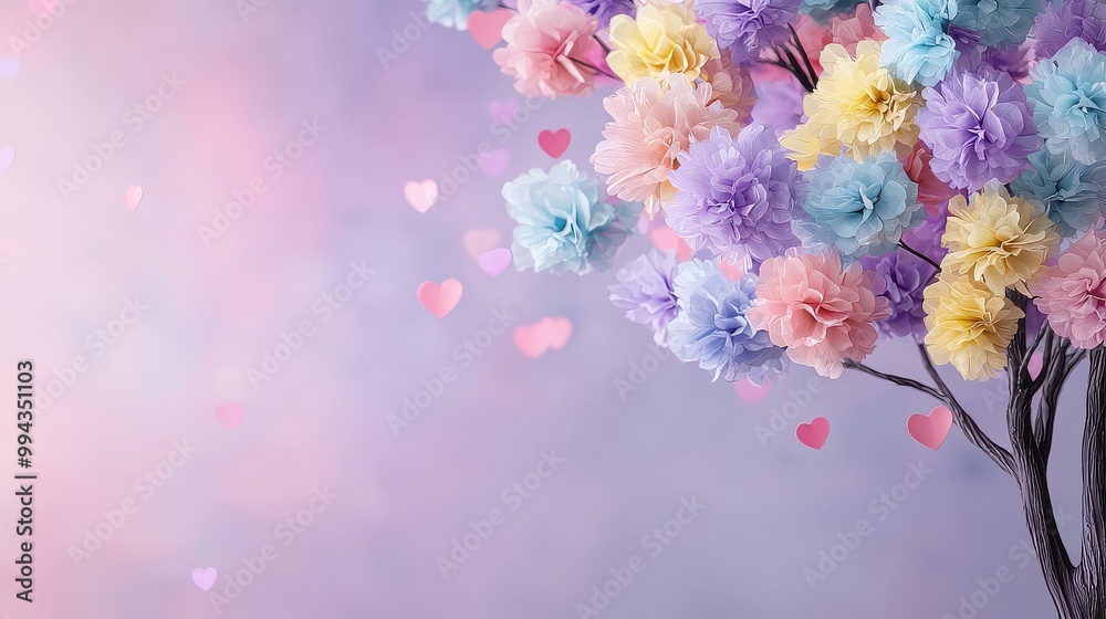 Poster a tree with colorful flowers and hearts surrounding it. the tree is the main focus of the image, and