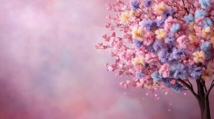 Fototapeta premium A tree with pink, purple, and yellow flowers. The tree is surrounded by a pink background