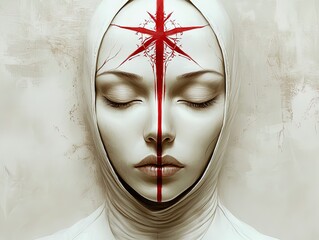 Captivating Ethereal Being: A Striking Poster Featuring a Reflective White Face with Bold Red Design, Perfect for Enhancing Sports Room Interiors with Calm and Composed Energy