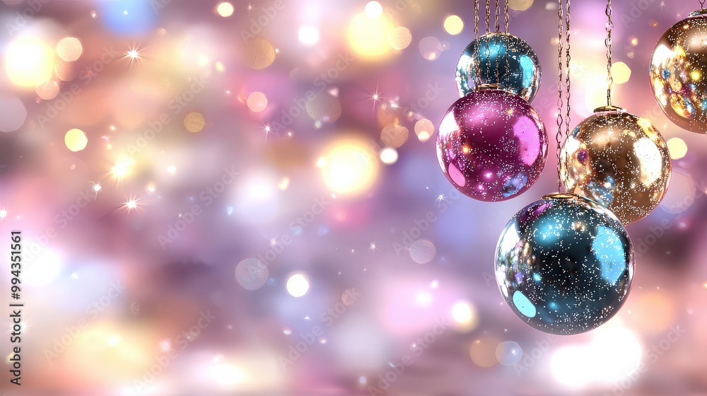 Poster a colorful background with a bunch of christmas ornaments hanging from a chain. the ornaments are of