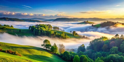 Obraz premium Misty Landscape with Soft Fog Rolling Over Lush Green Hills and Trees Under a Calm Blue Sky