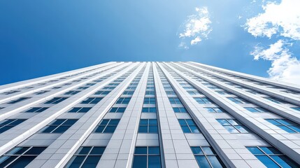A tall building with many windows and a clear blue sky in the background. The building is very tall and has a lot of windows