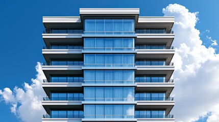 A large, multi-story building with many windows and a cloudy sky in the background. The building is very tall and has a lot of windows, giving it a modern and sleek appearance