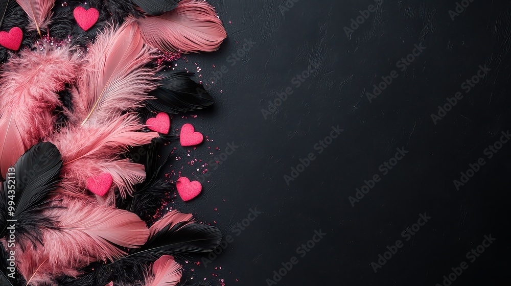Aufkleber A black background with pink feathers and red hearts. The feathers are arranged in a way that they look like they are falling from the sky. The red hearts are scattered throughout the feathers