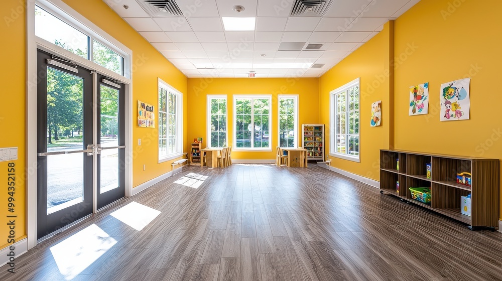 Poster A bright yellow room with a lot of windows and a lot of open space. The room is empty and has a lot of natural light coming in