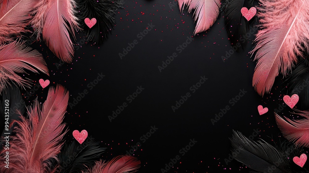 Poster a black background with pink feathers and black feathers with red hearts. the feathers are arranged 