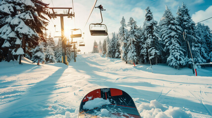 A snowboard resting in the snow near a ski chairlift, with a bright winter sun highlighting the mountain landscape. Perfect for winter sports and snowboarding enthusiasts.