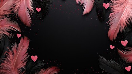 A black background with pink feathers and black feathers with red hearts. The feathers are arranged in a circle and the hearts are scattered throughout the feathers. Concept of love and warmth