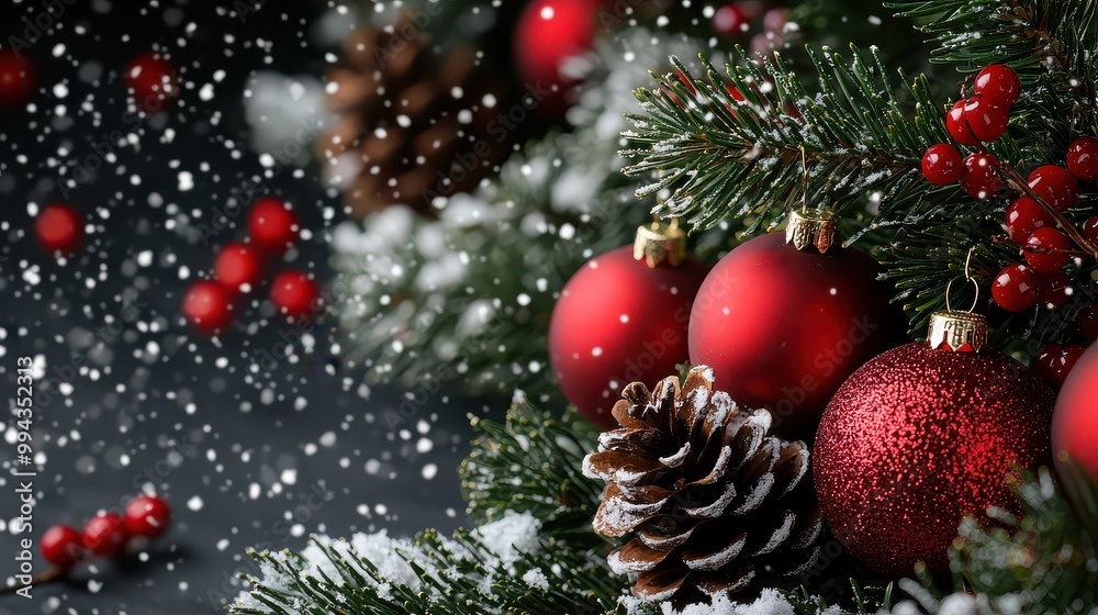 Poster A Christmas tree with red and white ornaments and pine cones. The pine cones are covered in snow and the tree is surrounded by a snowy background
