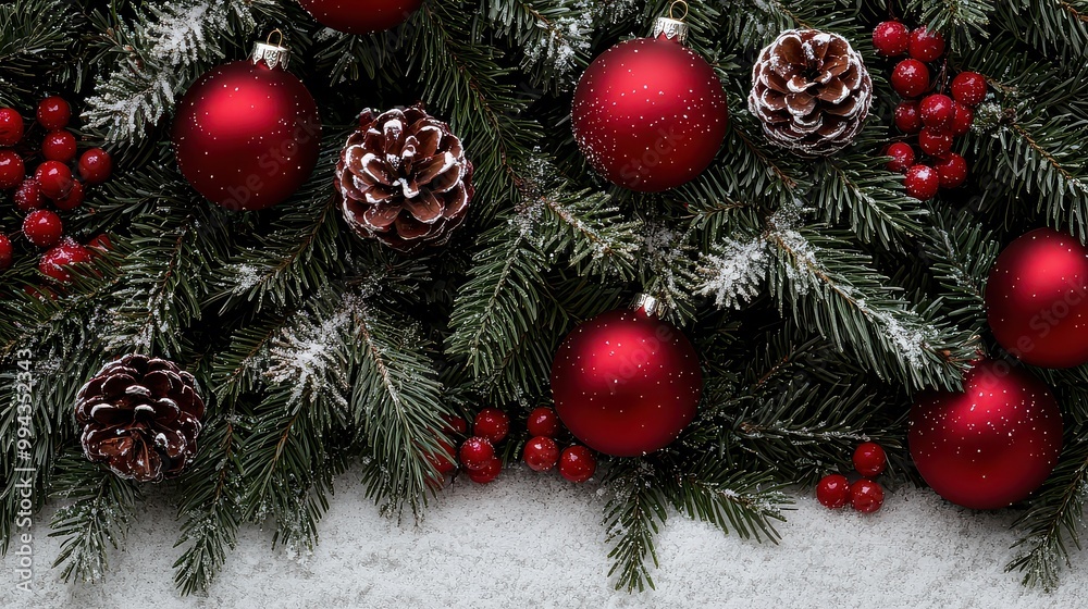 Poster a red and white christmas tree with red and white ornaments. the tree is surrounded by snow and has 
