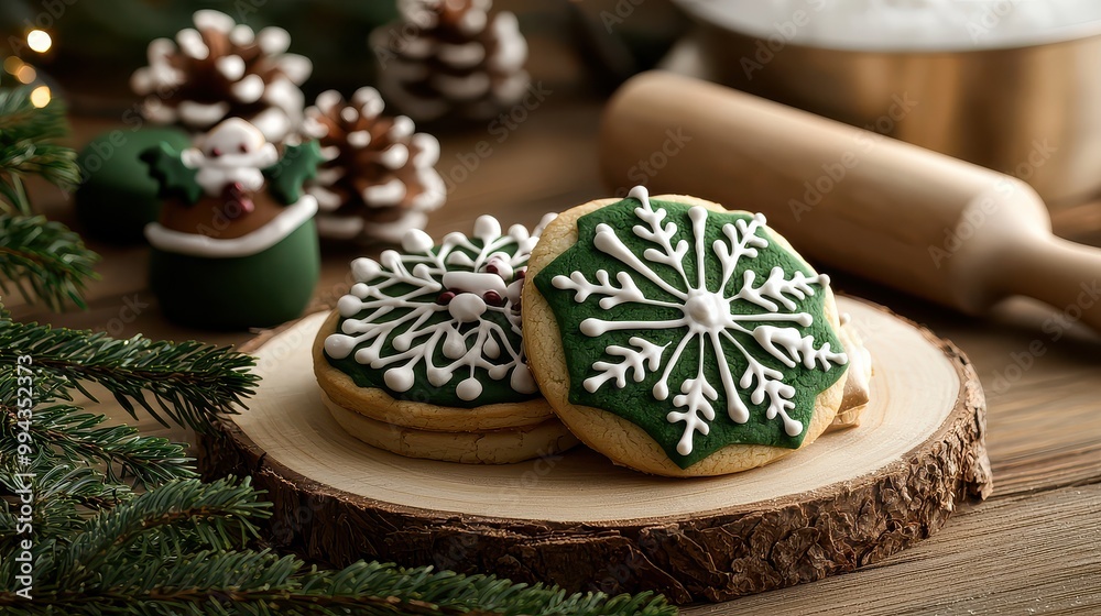 Poster a wooden cutting board with two green snowflake cookies on it. the cookies are decorated with white 