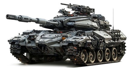 A futuristic tank design with advanced weaponry and armor, isolated on a white background.