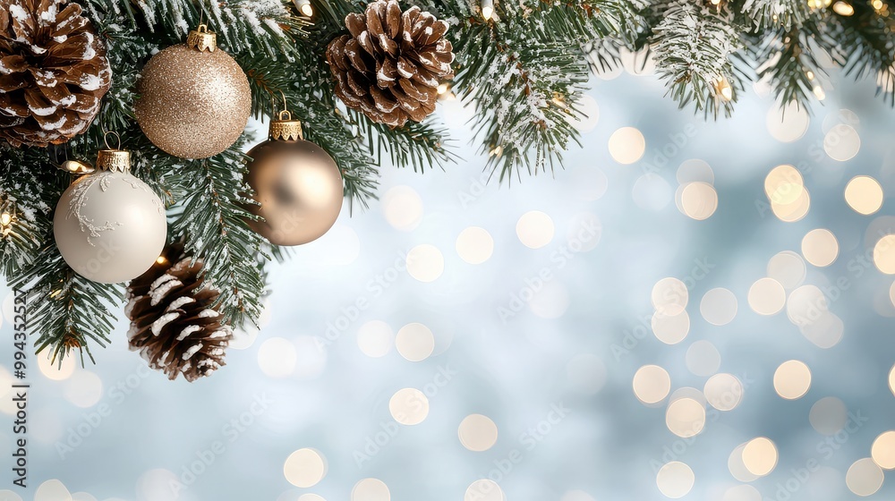 Poster a christmas tree with a white and gold ornament hanging from it. the tree is surrounded by snow and 