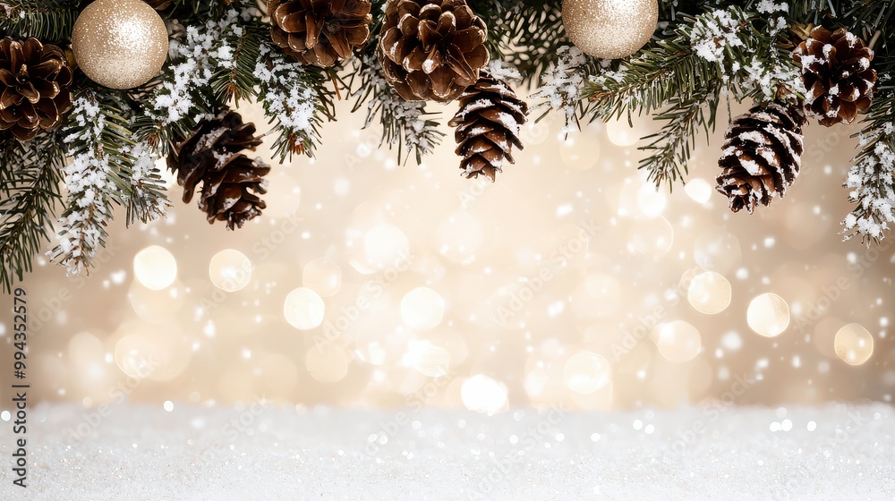 Poster a christmas tree with pine cones and gold ornaments. the tree is decorated with snow and the pine co