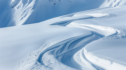 Obraz premium Close-up of perfectly carved snowboard tracks winding through smooth, untouched fresh snow. The soft powder highlights the artistry of winter sports enthusiasts in pristine conditions. 