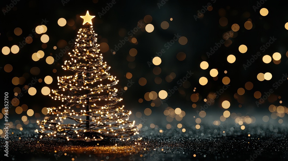 Poster a christmas tree with a star on top is lit up with lights. the tree is surrounded by a blurry backgr