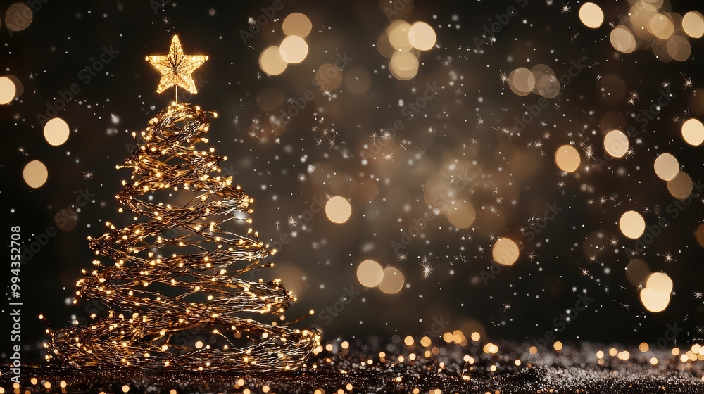 Poster a christmas tree with a star on top is lit up with lights. the tree is surrounded by a blurry backgr