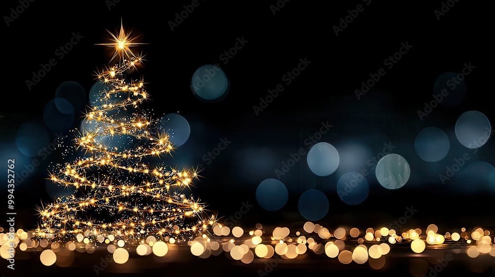 Poster a christmas tree with a star on top is lit up with lights. the tree is surrounded by a blurry backgr