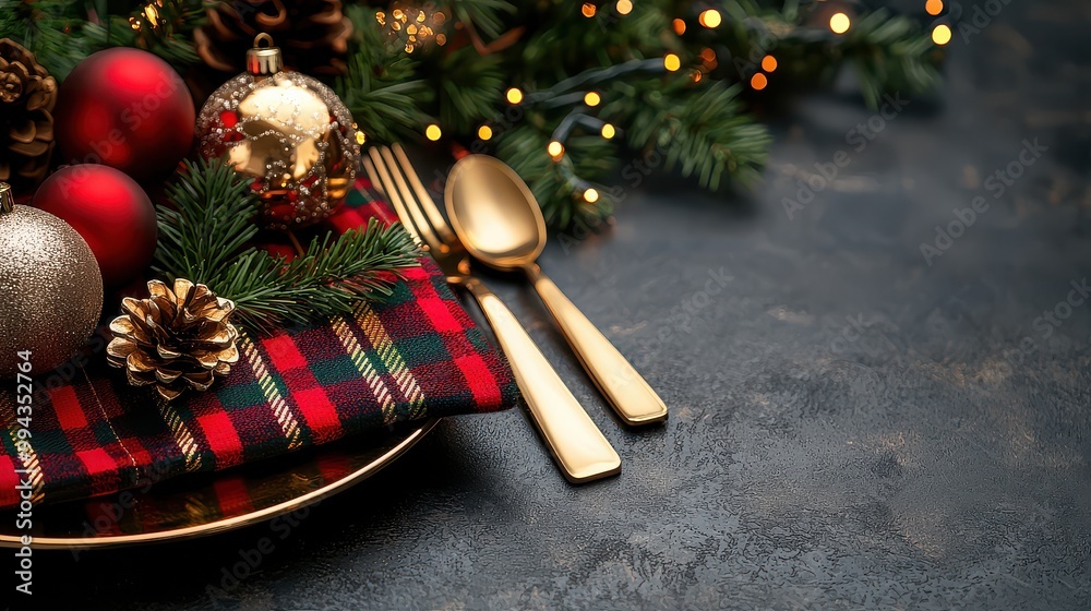 Aufkleber a christmas table setting with a red and gold plaid cloth, a plate with a fork and spoon, and a bunc