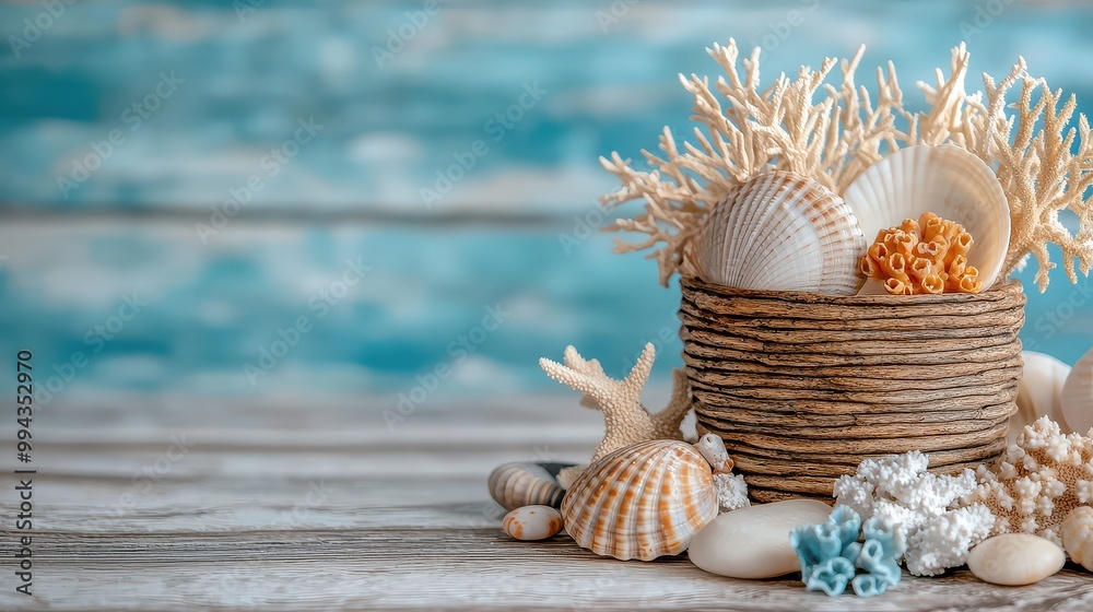 Aufkleber a basket of shells and coral is on a wooden table. the basket is filled with various shells and cora