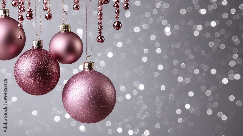 Poster a bunch of pink ornaments hanging from a string. the image has a festive and joyful mood